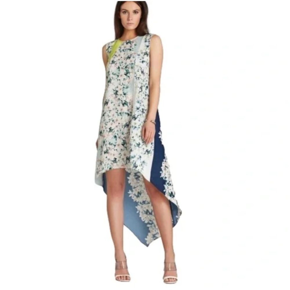 BCBGMAXAZRIA Helene Floral High Low Handkerchief Hem Sleeveless Dress